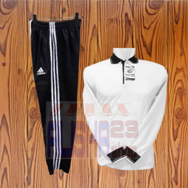 Setelan Kaos Kerah Lengan Panjang Hitam Putih Stelan Trening putih hitam kaos lengan panjang Berkera