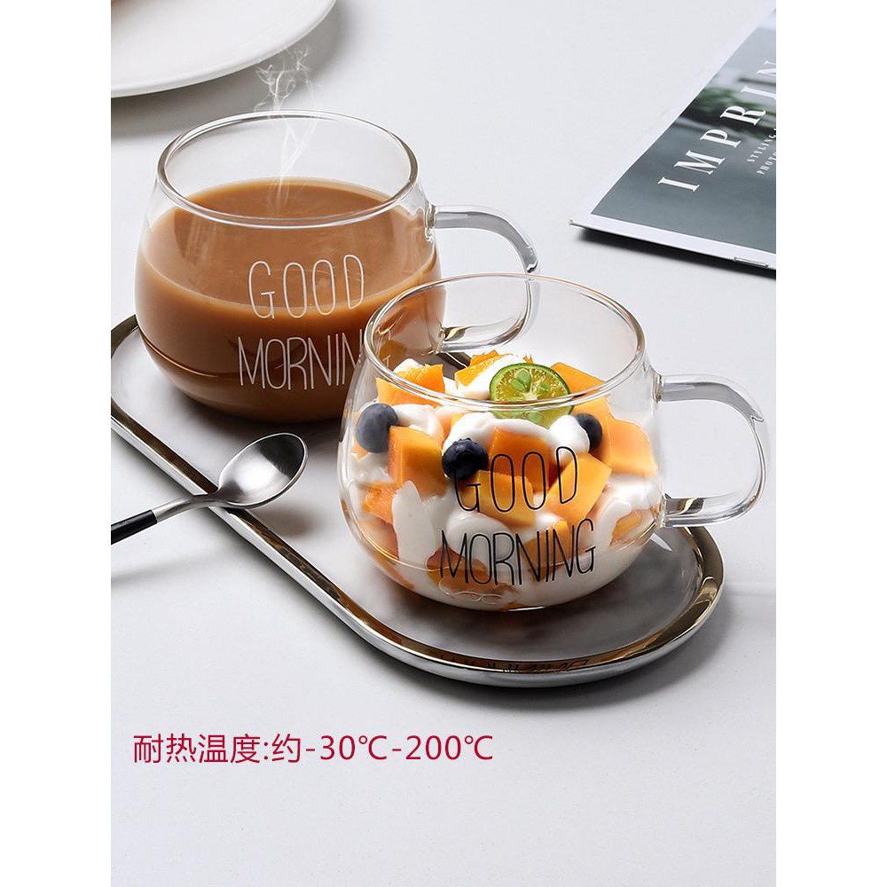 Mug Gelas Kaca Tulisan Good Mprning (350ml) - Warm(400ml) - Eropa Style