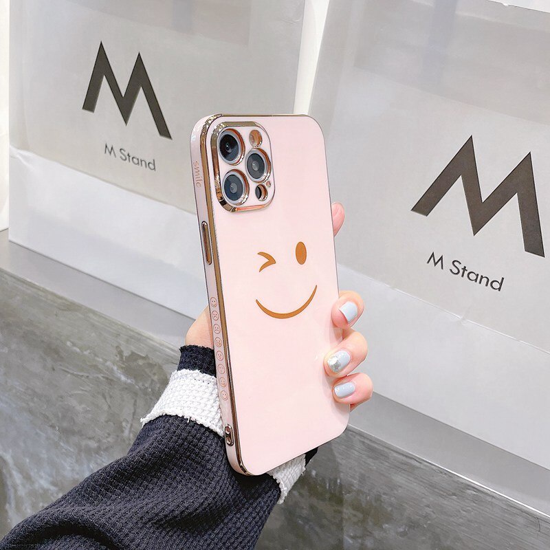 Soft Case Pelindung Motif Wajah Tersenyum Dengan Tali Tangan Electroplating Untuk Iphone 13 12 11 Pro Max X Xs 7 8 Plus Xr