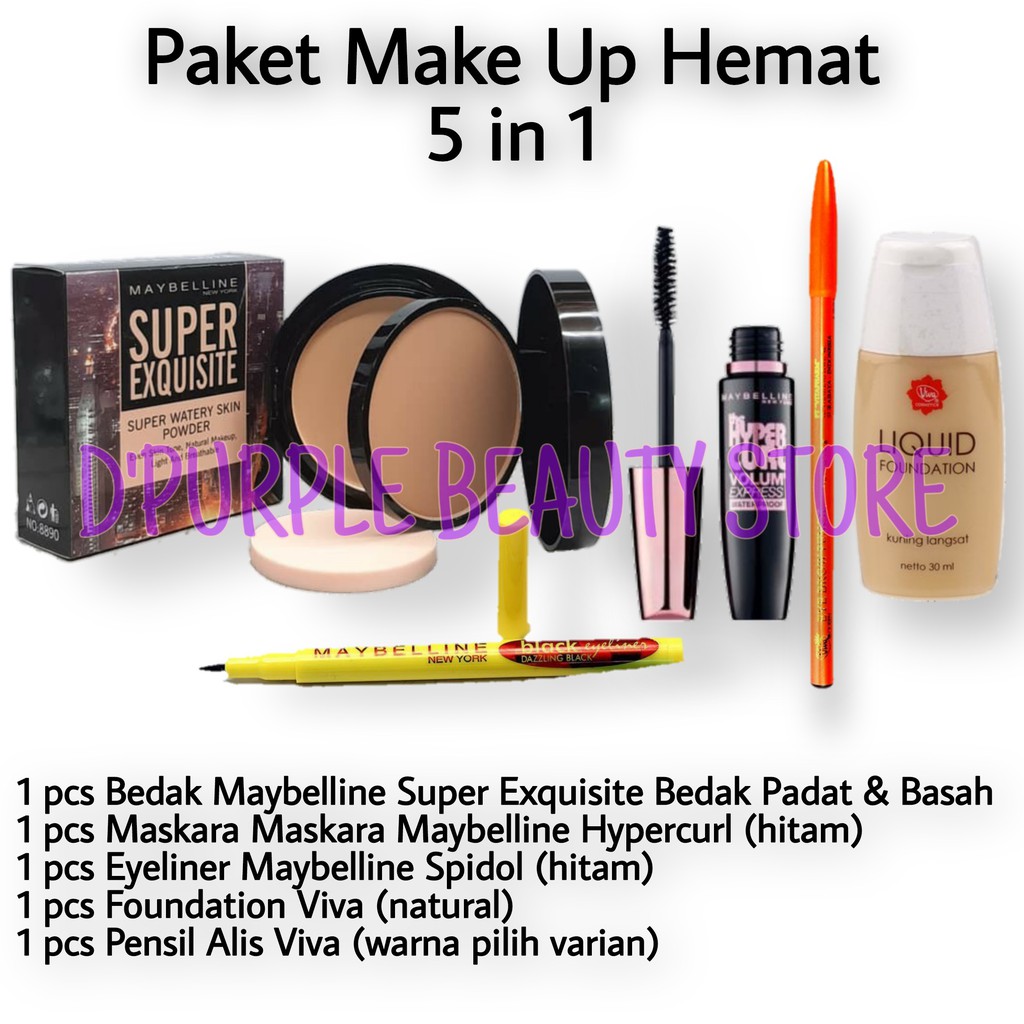 Paket Maket Up Maybelline Super Hemat 5 In 1 -Bedak -Foundation -Maskara -Eyeliner -Pensil Alis