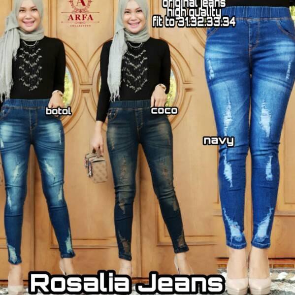 Terbaruϟ CELANA JEANS CEWEK PINGGANG KARET TERBARU//ROSALIA JEANS SOBEK TIDAK TEMBUS