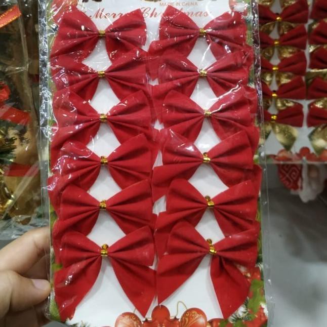 

DISCOUNT BESAR-352 Hiasan Ornamen Pita Natal - XMAS - Merah & Gold 12 Pcs