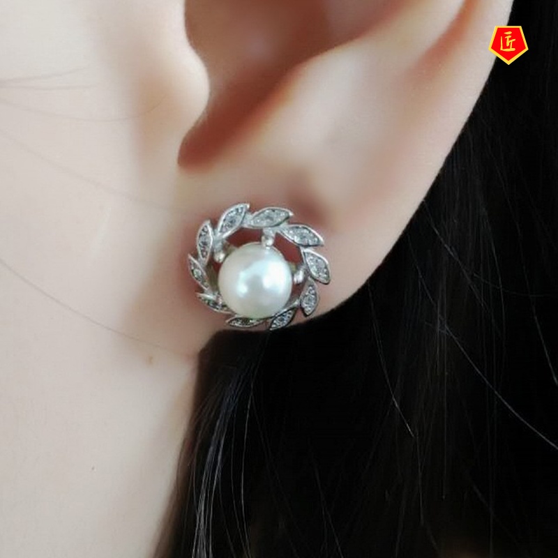 [Ready Stock]Sweet 925 Silver Sprout Leaf Pearl Ear Studs