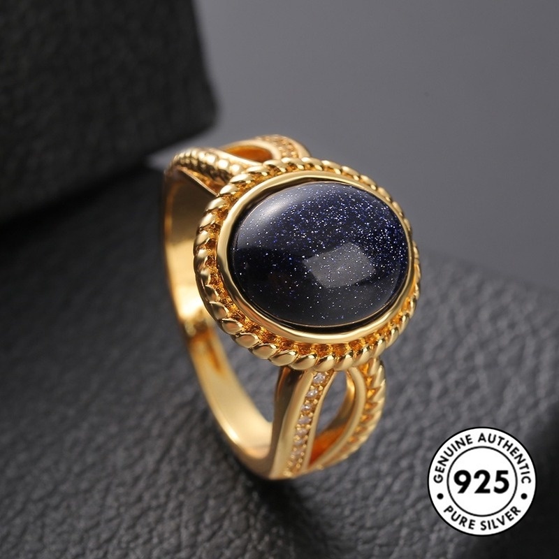 Cincin Lapis Emas Sterling Silver 925 Dengan Batu Starlight Biru Untuk Wanita