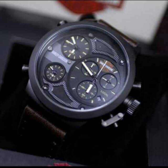 Jam Tangan Sport Pria HD Harley Davidson Triple Time Original Garansi 1thn Leather Dark Brown