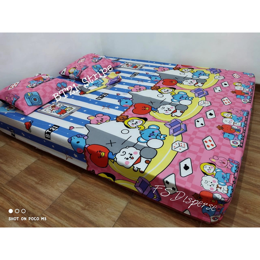 SPREI MOTIF BTS PINK BT21 STRIPE HOMEMADE 120 160 180