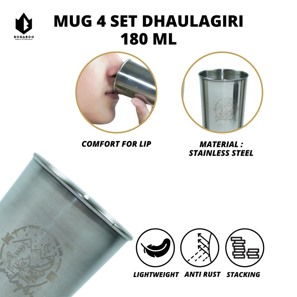 Mug 4 Set Dhaulagiri Stainless Steel Size 180 ml Dan 250 ml - Gelas 4 Set - Mug set - Gelas Outdoor