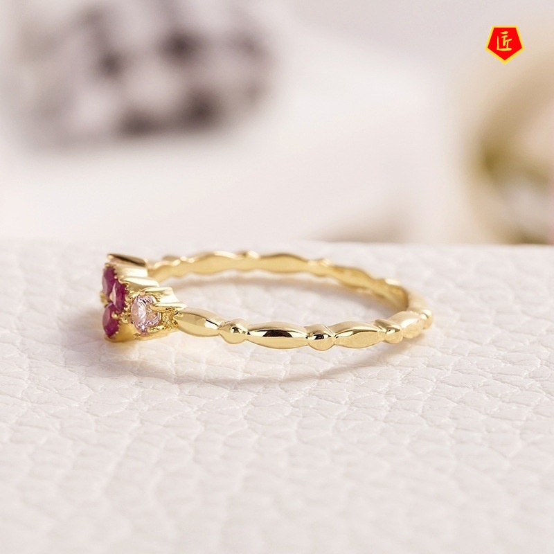 [Ready Stock]14K Gold Inlaid Colored Gems Heart-Shaped Ring Female Simple Fashion