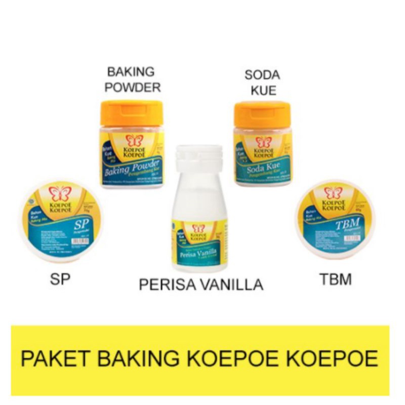 Paket Baking Koepoe SP 30gr+Baking Powder 45gr+Perisa Vanilla 20gr+TBM 80gr+Soda Kue 81gr