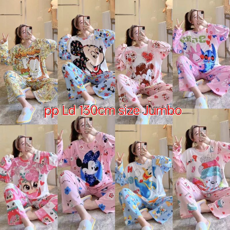 PIYAMA PP WANITA IMPORT SPANDEX|BIGSIZE|JUMBO/SET OVERSIZE/BAJU TIDUR lengan panjang-3