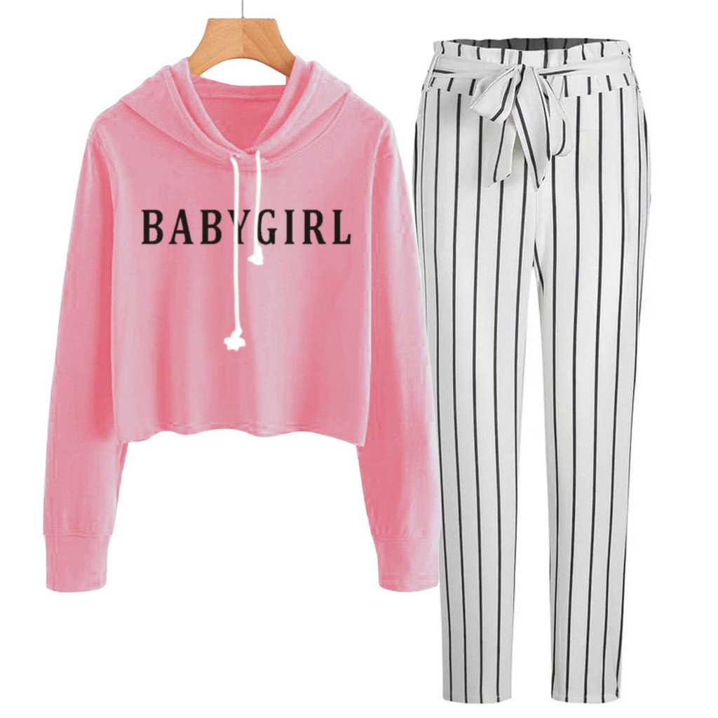 BESS - Baju Setelan Wanita Murah / Setelan Hoodie Crop + Celana Salur Putih - BABYGIRL