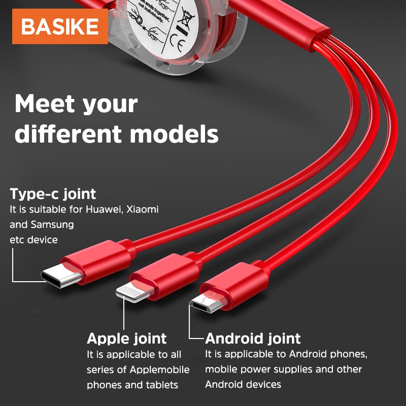Kabel Data 3 in1 Micro+Lightning+Type-C Telescopic cable iPhone Fast Charging Xiaomi Samsung Vivo