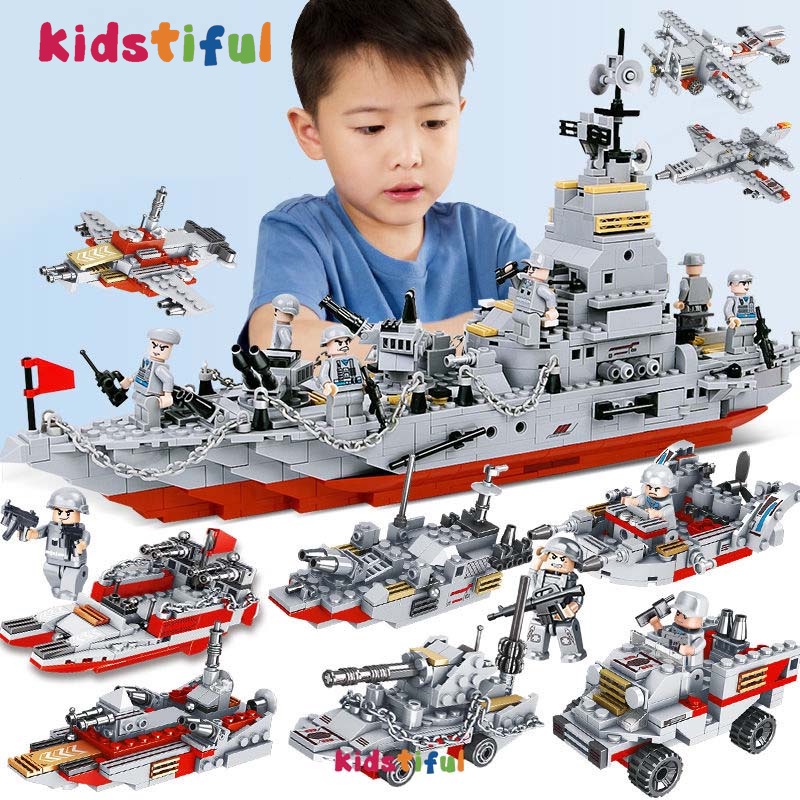 [Jakarta] Kapal Induk Mainan Blok 1000Pcs Military Warship Boat Airplane Car Set Mainan Anak Laki Laki