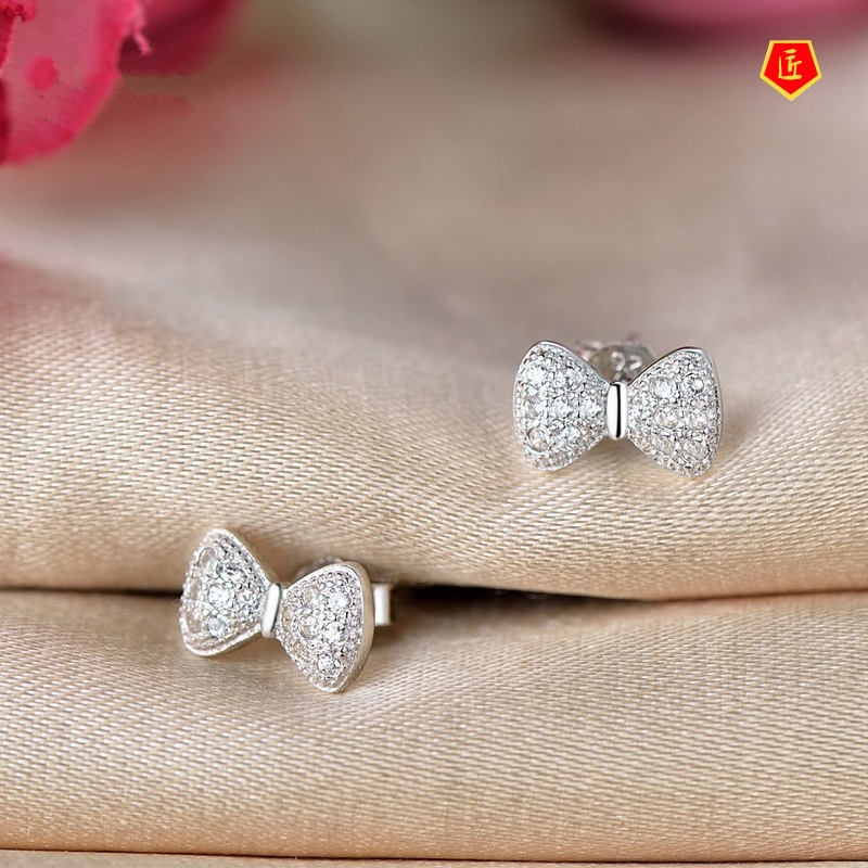 [Ready Stock]Full Diamond Bow Stud Earrings Silver Graceful Fashionable