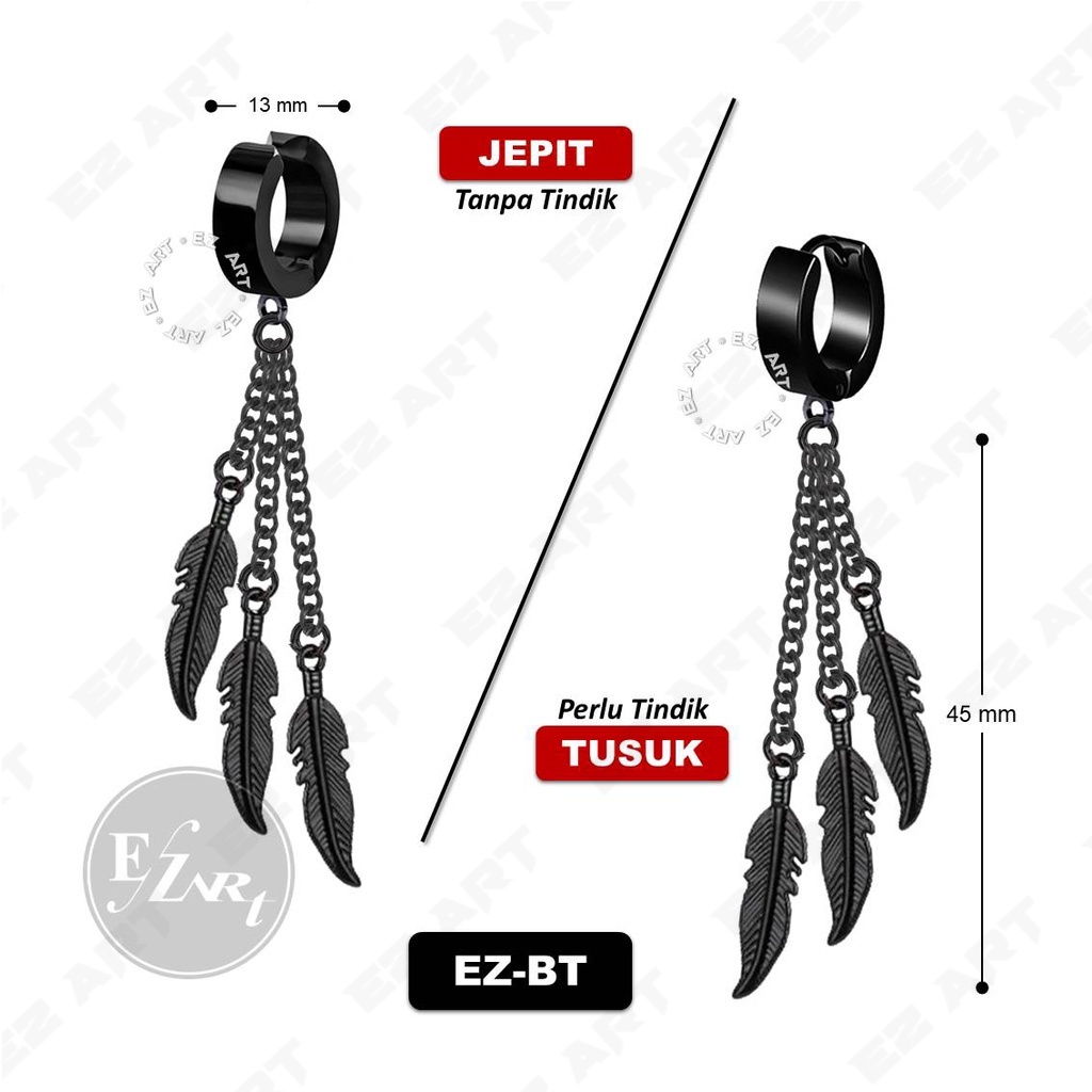 1Pc EZ-BT ANTING RUMBAI BULU RANTAI HITAM TRIPLE BLACK FEATHER JEPIT TUSUK PRIA WANITA KPOP BTS