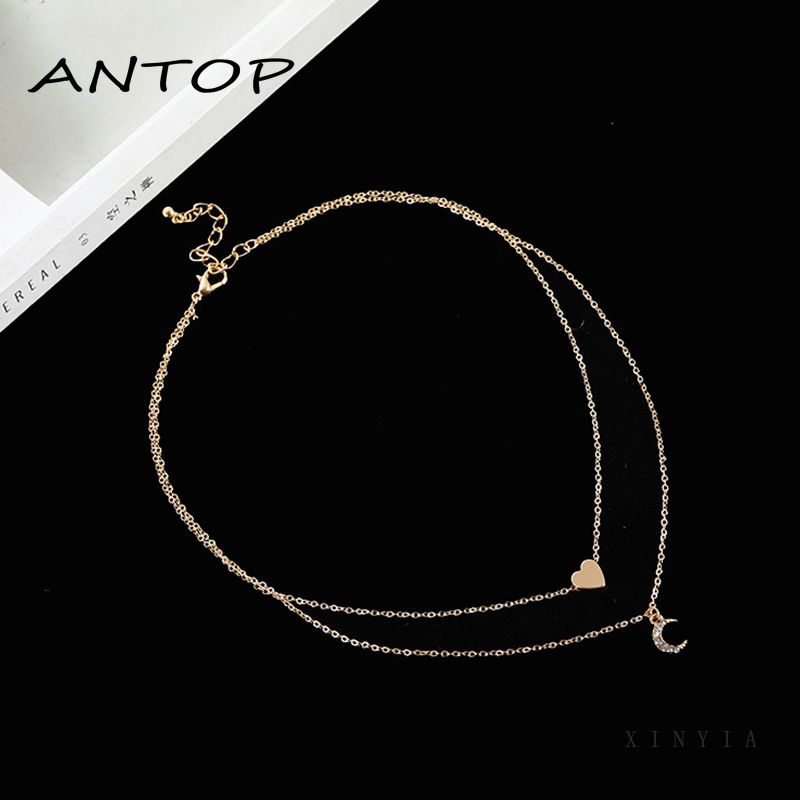 Kalung Rantai Multilayer Dengan Liontin Hati Dan Bulan Untuk Wanita ANTOP