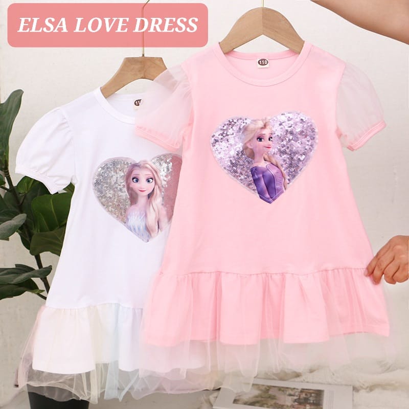 ELSA LOVE DRESS BAJU DRES SANTAI ANAK PEREMPUAN KOREA IMPORT DAILY OUITFIT IMPOR FROZEN