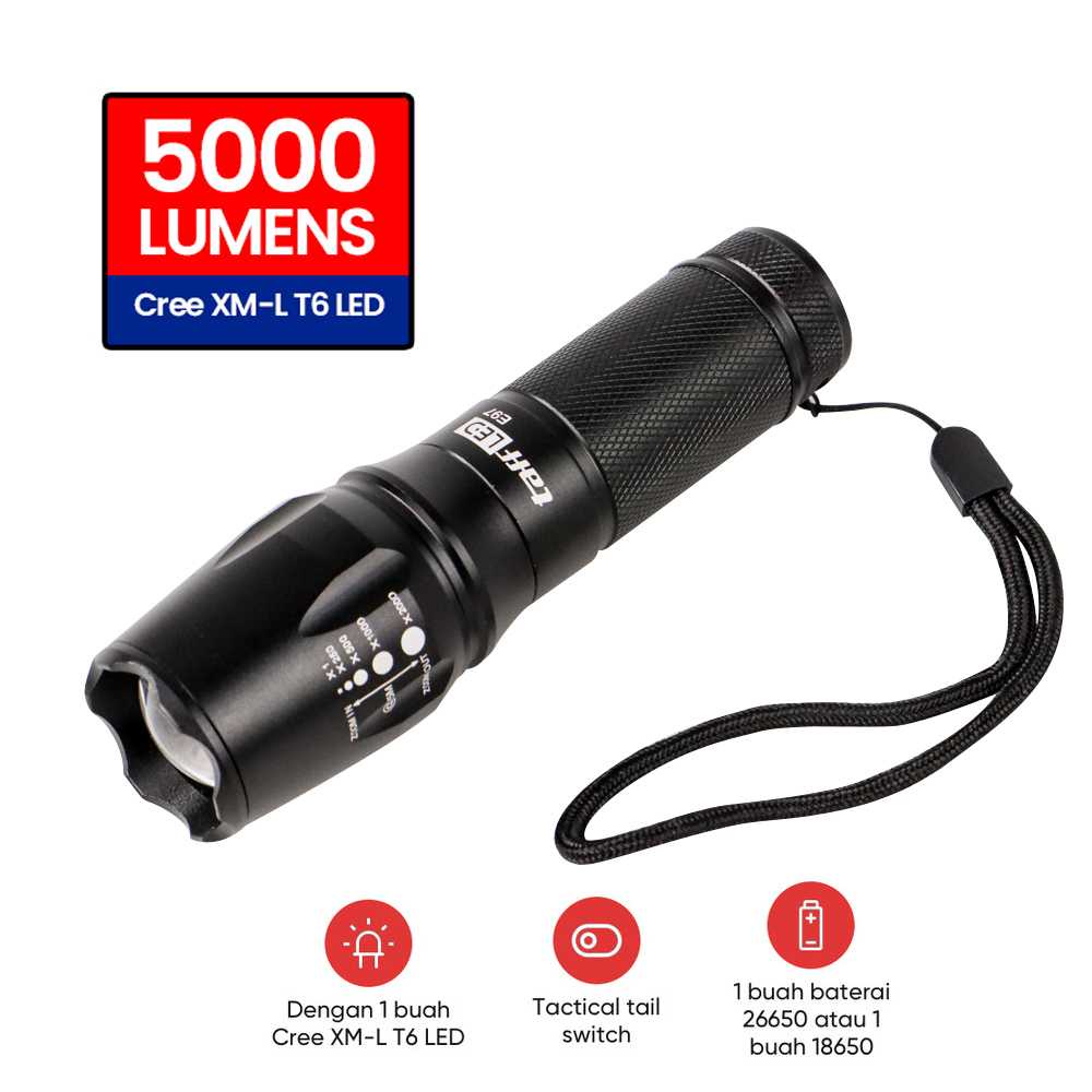 Senter LED TaffLED TH 32 Cree XML T6 5000 Lumens Anti Air Flashlight Jarak Jauh Perlengkapan Outdoor