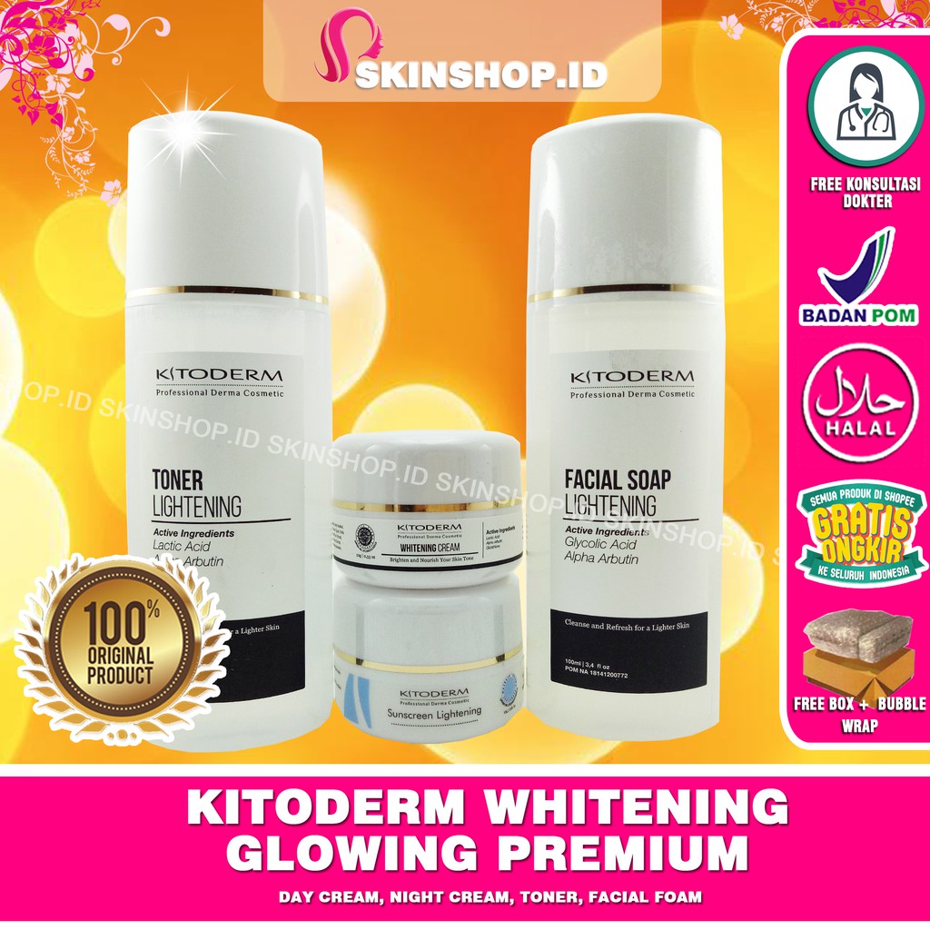 PAKET Kitoderm Whitening Glowing Premium Original / Paket Pemutih Anti Kusam isi 4 BPOM Aman