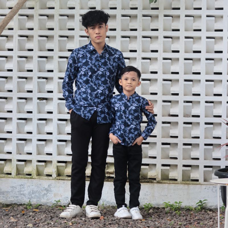 BatikBule Kemeja Batik Couple Ayah Anak Motif Casual warna Hitam &amp; Biru