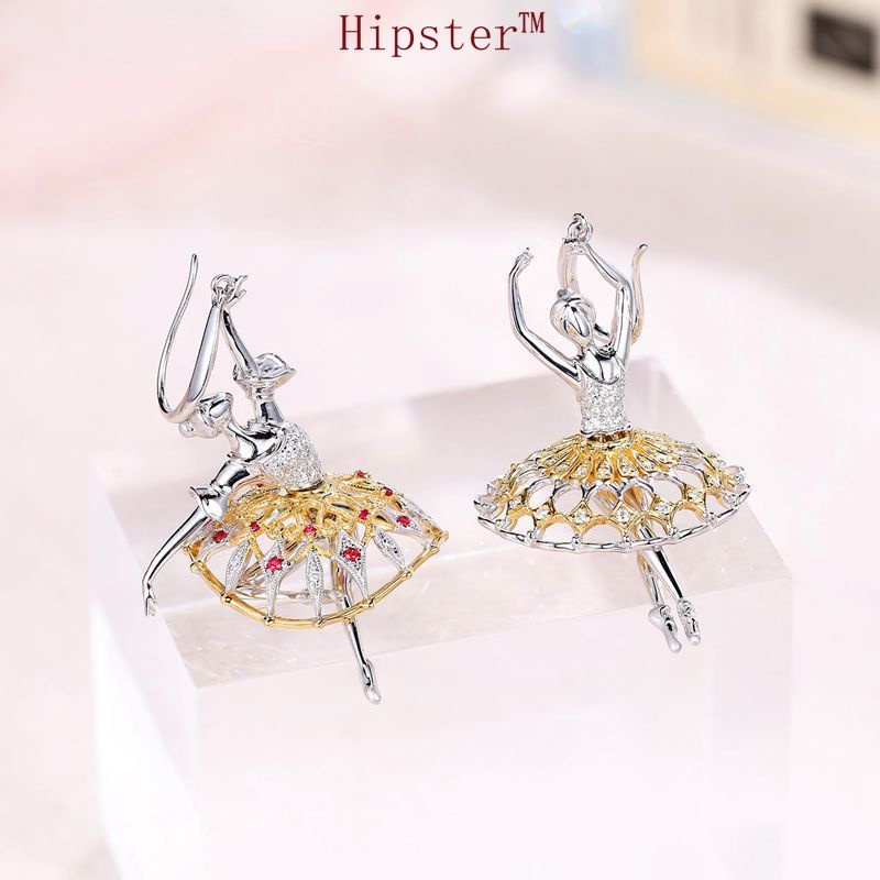 Italian Craft Creative Ballet Girl Natural Ruby Stud Earrings