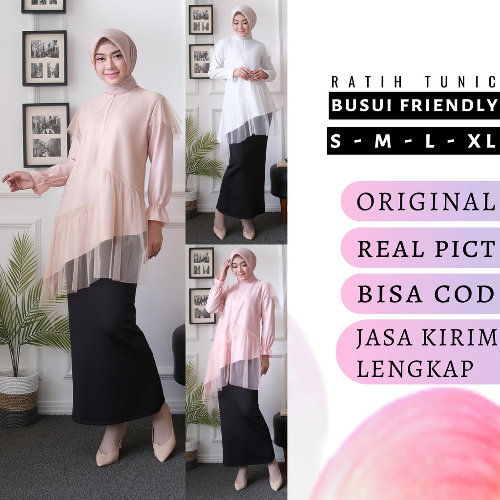 Tunik kondangan wanita kekinian mewah busui friendly brukat tile pastel pink mocca putih Ratih Tunic