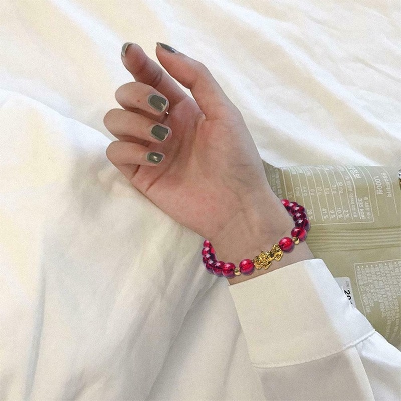 Red Lucky Bracelet Glazed Stone Beaded PIXIU Gold Charm Bracelet for Women Men Wealth Jewelry
