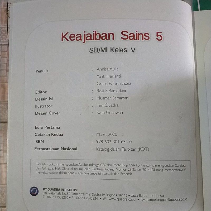 ORI buku teks keajaiban sains k13 Quadra kelas 5 edisi revisi terbaru