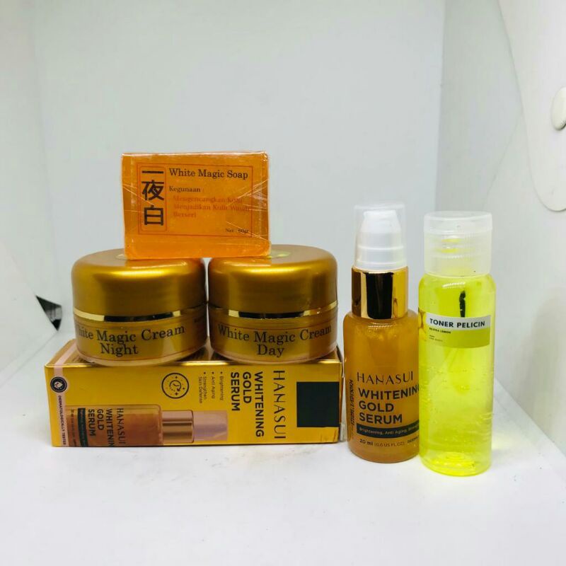 paket cream white magic korea/serum hanasui  gold bpom free toner lemon pelicin wajah
