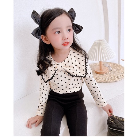 SETELAN ANAK CEWEK CREAM POLKADOT CELANA HITAM  STELAN ANAK CEWEK PITA POLKA CREAM 100-140 PROMO