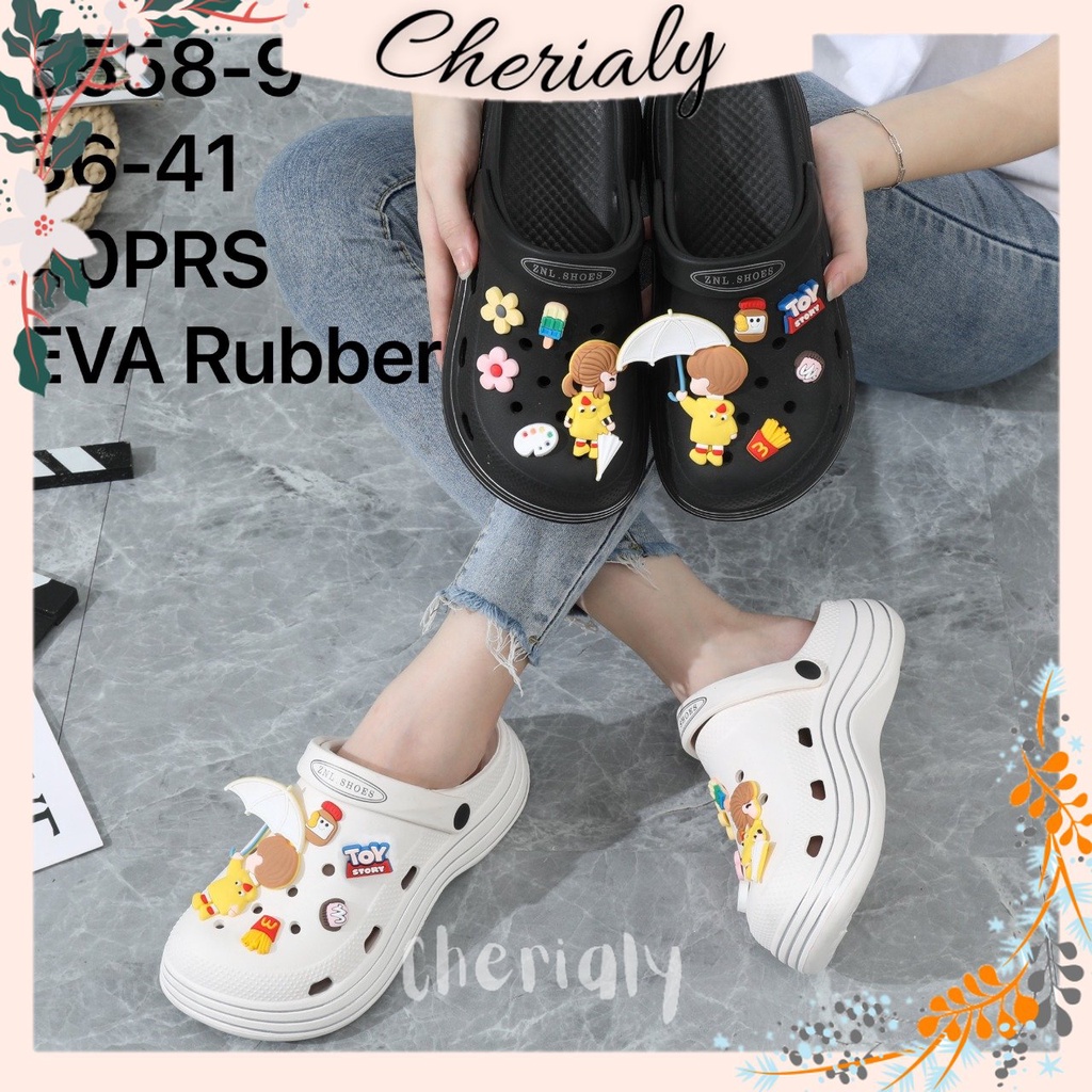 EVA Sandal Slop Crocs Wanita Import Mcd Jibbitz Tinggi 5 Cm Bahan Spons Super Ringan Sol Tebal Anti Slip Classic Clog Sendal Fuji Baim