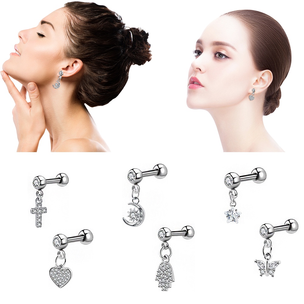 Anting Tusuk Gantung Bahan Titanium Steel Desain Bulan Sabit + Hati Hias Zircon Untuk Wanita