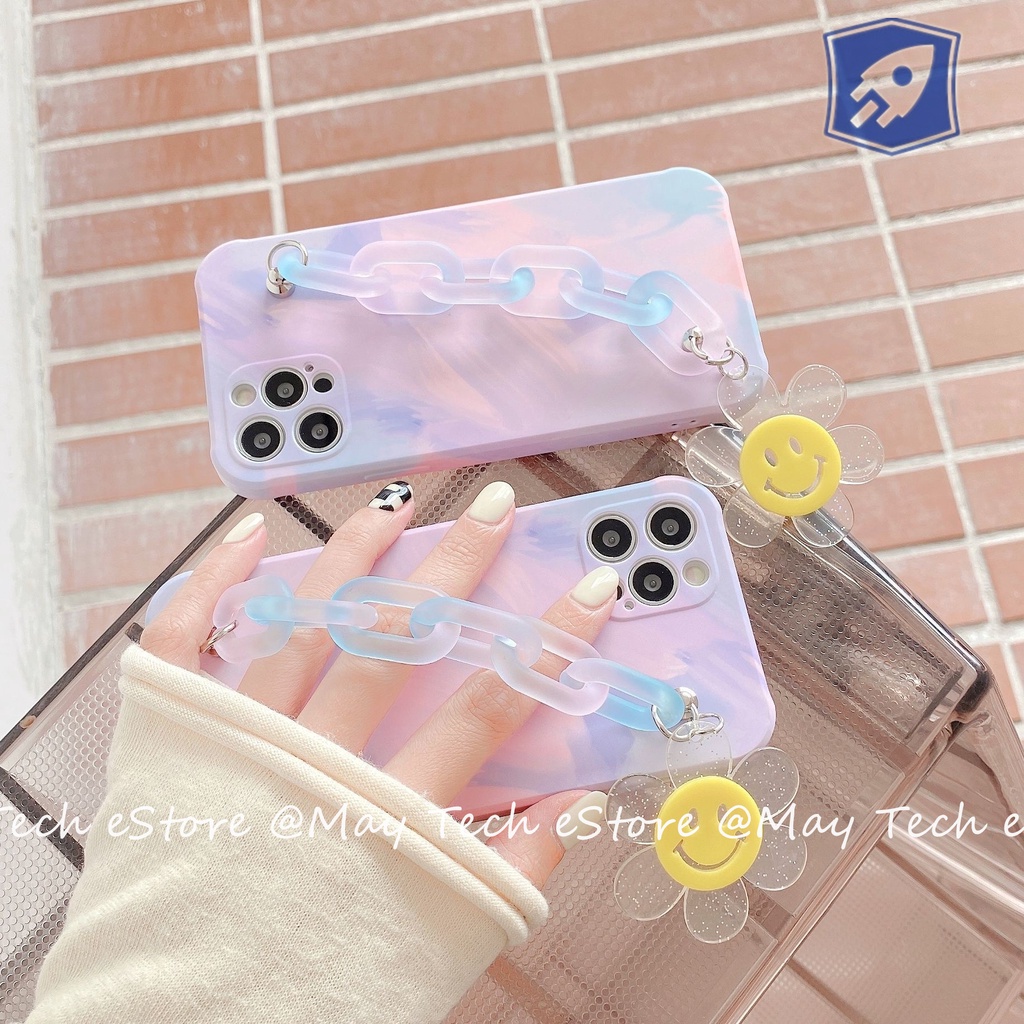 Casing iPhone Soft Watercolor dengan Hand Grip Rantai Pink Biru Smiley Flower iPhone X XS XR XSMAX 11 12 13 PRO PROMAX