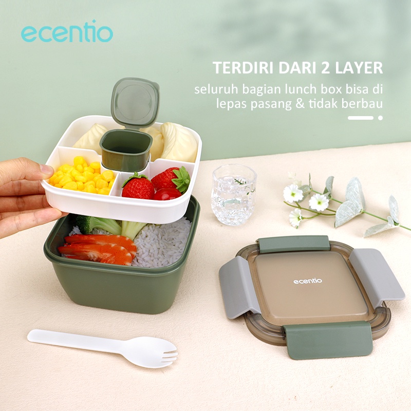 ecentio 1.1L Kotak Makan Double layer Tempat Bekal Makan Set Sendok Lunch Box Set BPA Free Dengan sambal/sauce cup