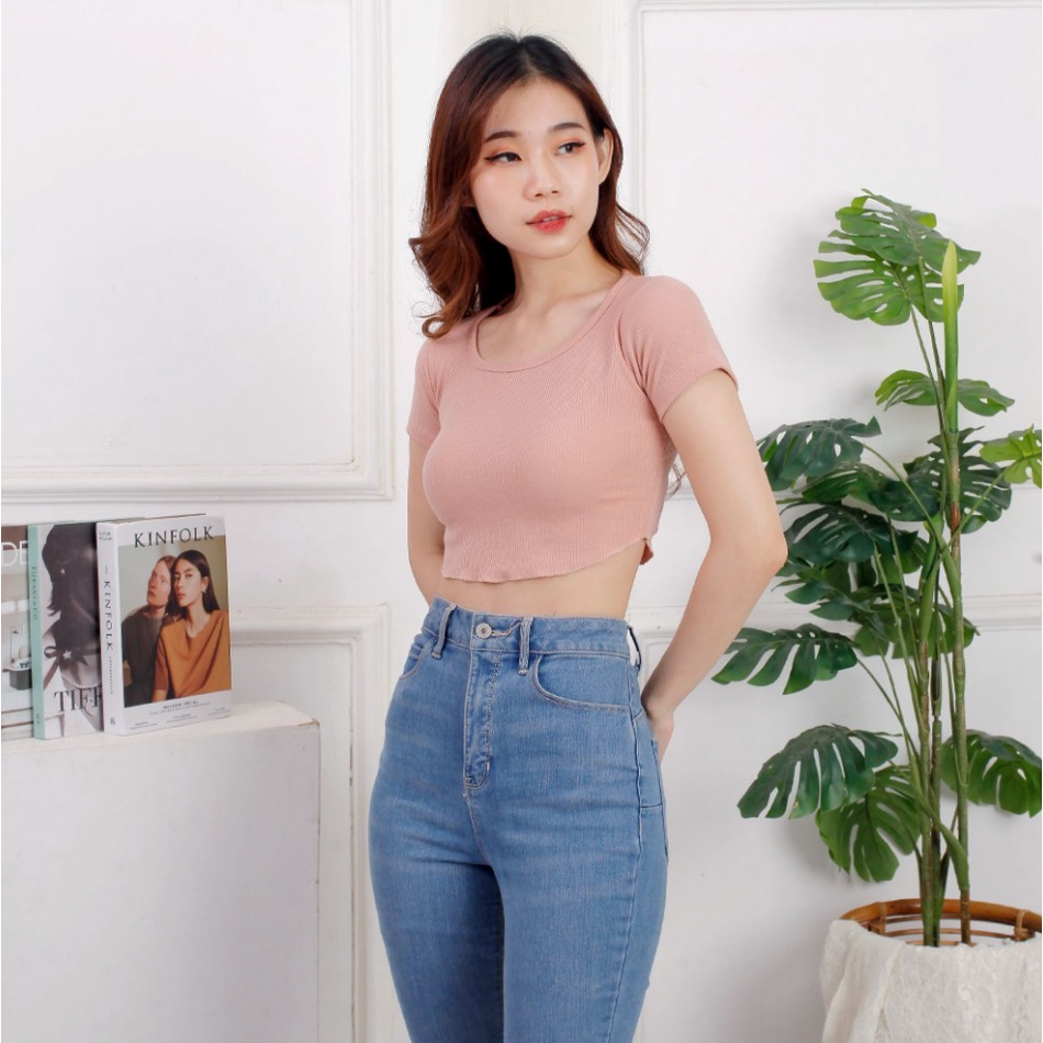 CAVALU Korean Crop Top Knit Crop Tee Unfinished Kaos Wanita Basic Tee 098