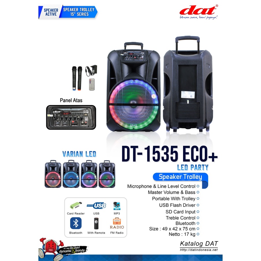 DAT DT 1535 ECO LED PARTY / SPEAKER TROLLEY 15 INCH + 2 MIC WIRELESS / DT1535