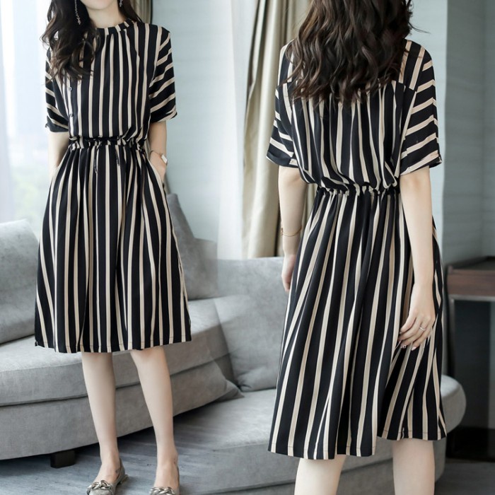 READY Baju Korea Dress Garis Casual Terbaru - Putih, LD : 92cm DW022