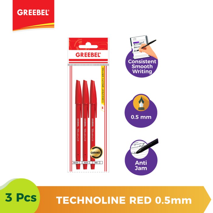 Ballpen Merah Pulpen Greebel Ballpoint Technoline0.5 Red - 3pcs.