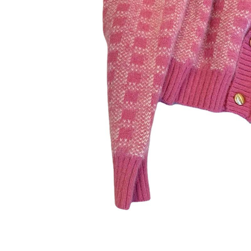 Retro Korea Kardigan Rajutan Kotak-kotak Lembut Wanita Musim Gugur dan Musim Dingin Baru Temperamen