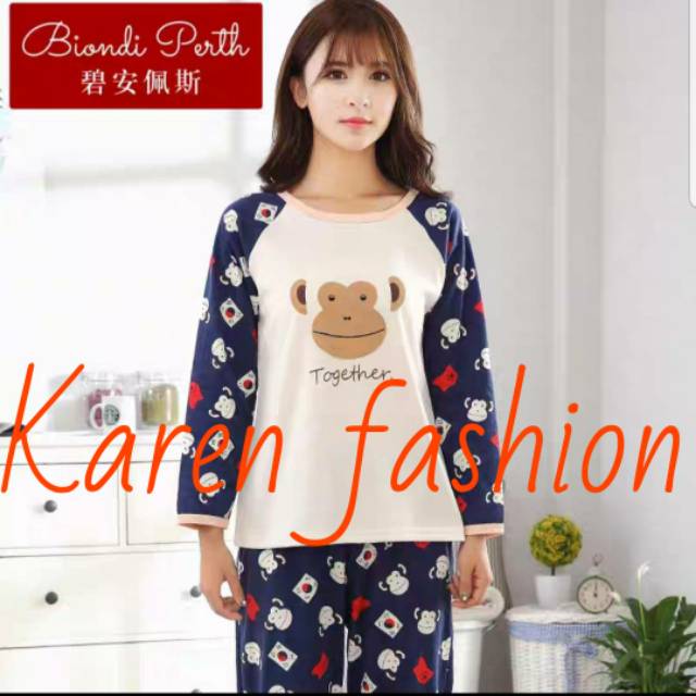 Baju tidur piyama kaos setelan panjang wanita dewasa cewek import MONKEY TOGETHER