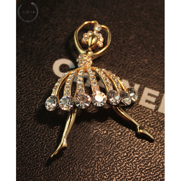 Bros Pin Bentuk Balerina Bahan Metal Hias Kristal untuk Wanita-4