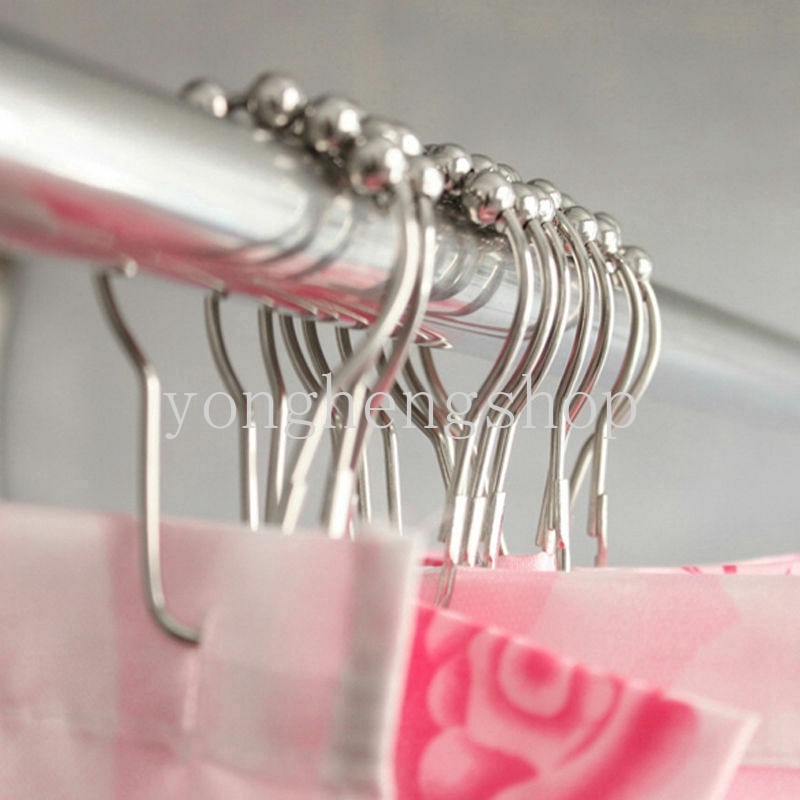 12pcs / set Kait Tirai Kamar Mandi Bahan Stainless Steel Anti Karat Dengan 5 Ring Roller