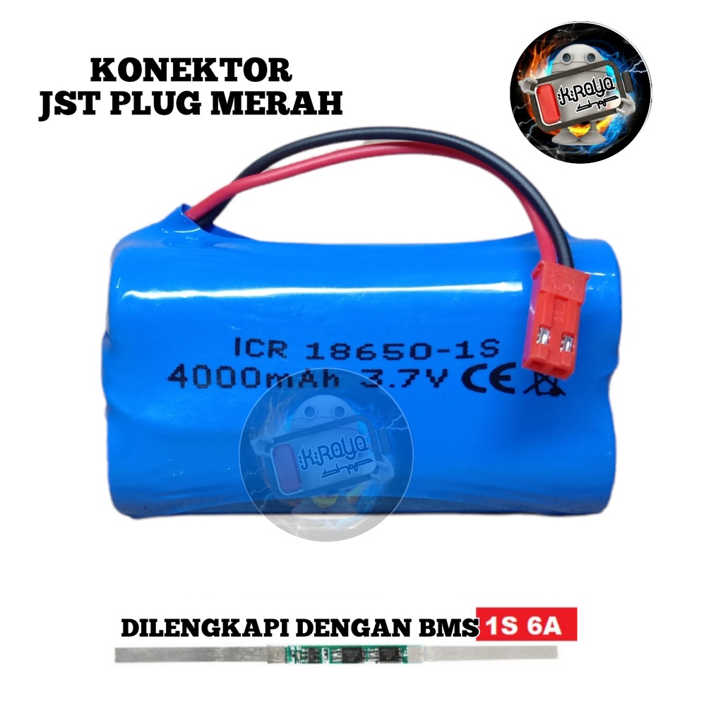 Baterai RC/ Batrai Speaker Aktif &amp; Elektronik Lainnya 2X 18650-1S 4000mAh 3.7V Protektor BMS 6A Konektor JST PLUG MERAH