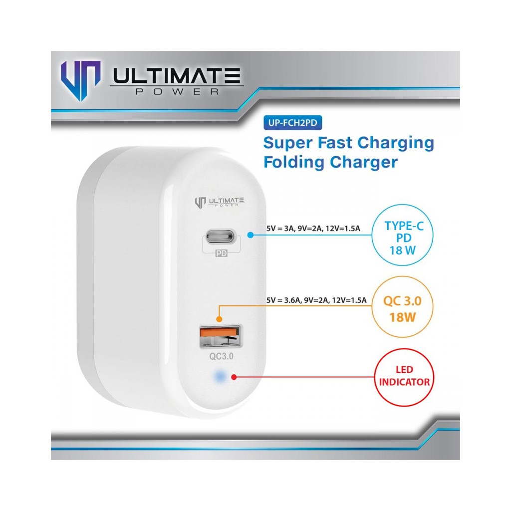 Ultimate Power Super Fast Charging Folding Charger PD + QC 3.0 Original