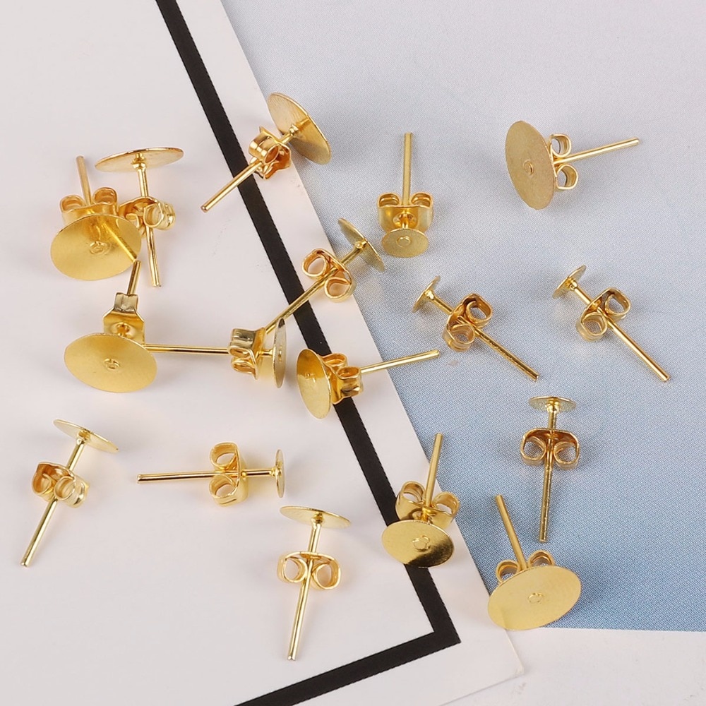 100pcs Anting Tusuk Bulat Kosong Bahan Rhodium Warna Gold / Silver Ukuran 4mm / 6mm / 8mm