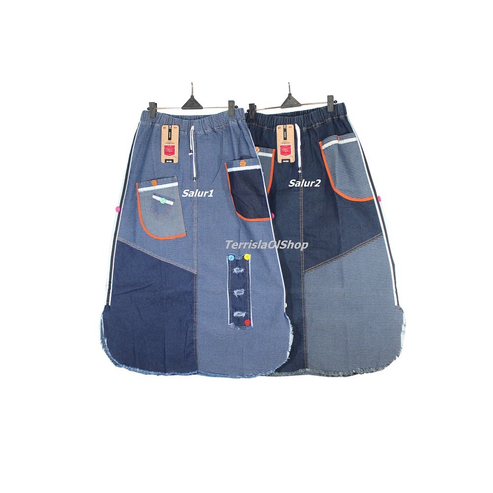 Rok Jeans Skirt Denim Motif Rawis Salur / Rok Panjang Casual Muslimah Stretch Murah Kekinian