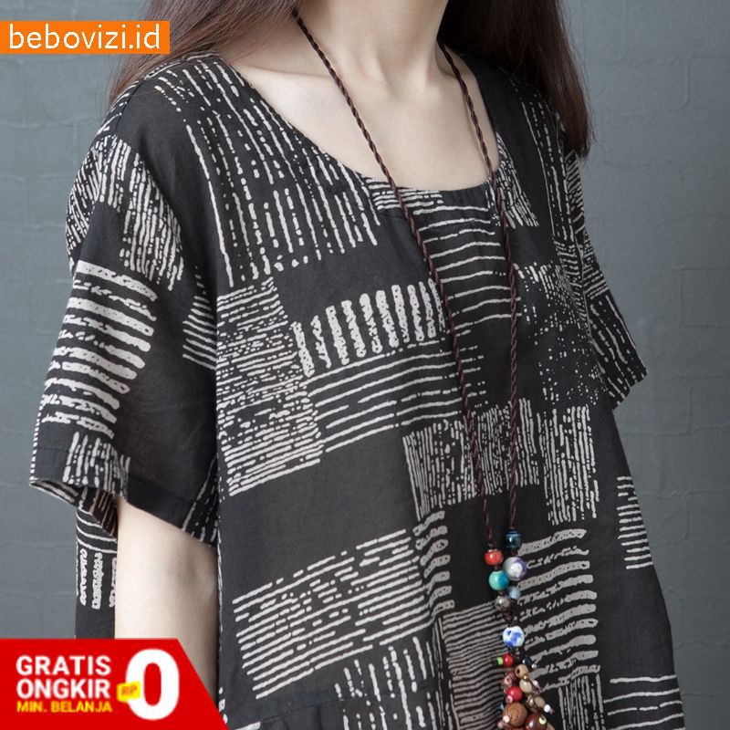 Casual Dress Midi Wanita Model Potongan Longgar Lengan Pendek Bahan Katun Linen Dan Motif