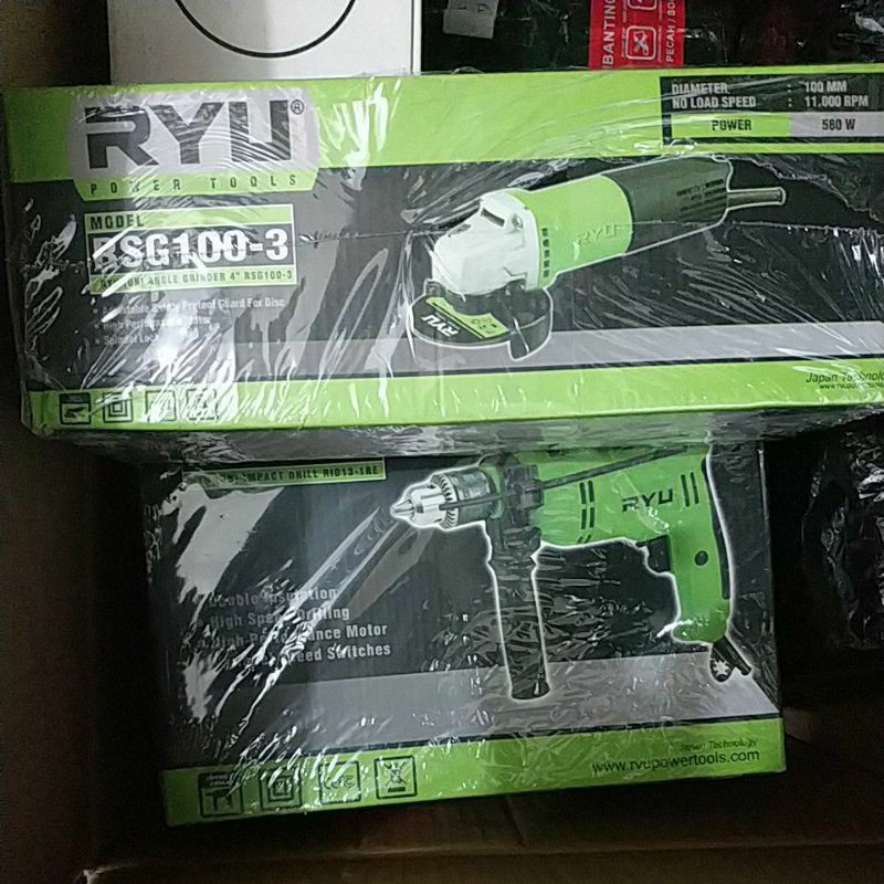 paket bor ryu 13mm impact dan grinda ryu