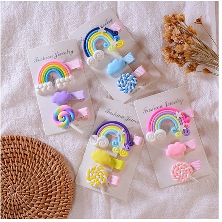 (3PCS) Jepitan Rambut Rainbow Clay / Aksesoris Rambut Pelangi Anak / Kado Ultah Lucu