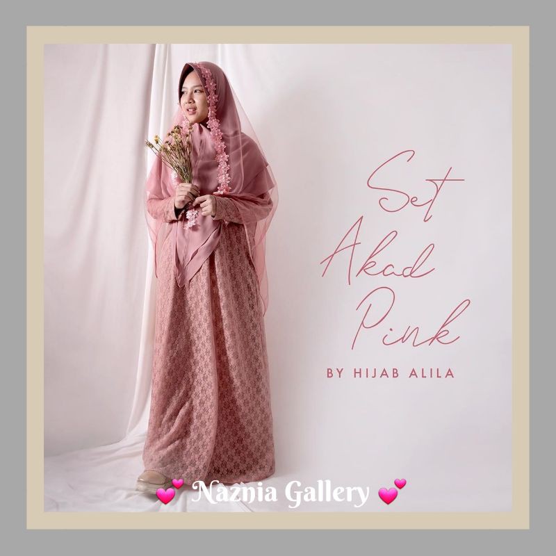Set Gamis Akad Brukat Pink HIJAB ALILA | Set Gamis Akad Nikah dan Khimar Instan Syari
